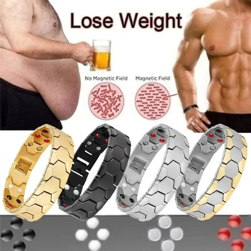 Four metallic bracelets with different colors displayed in front of a before-and-after weight loss illustration.