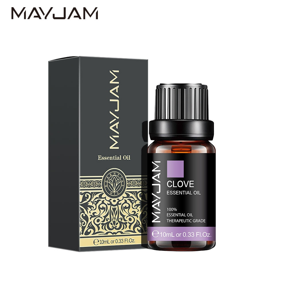 MayJam Clove essential oil bottle and packaging on a white background
