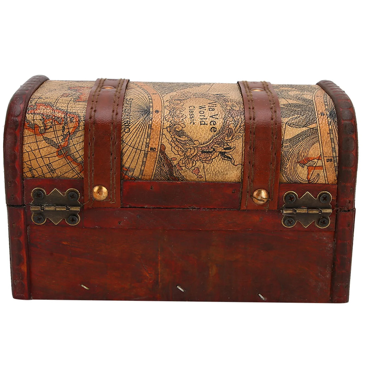 Vintage-style treasure chest with world map design on a white background