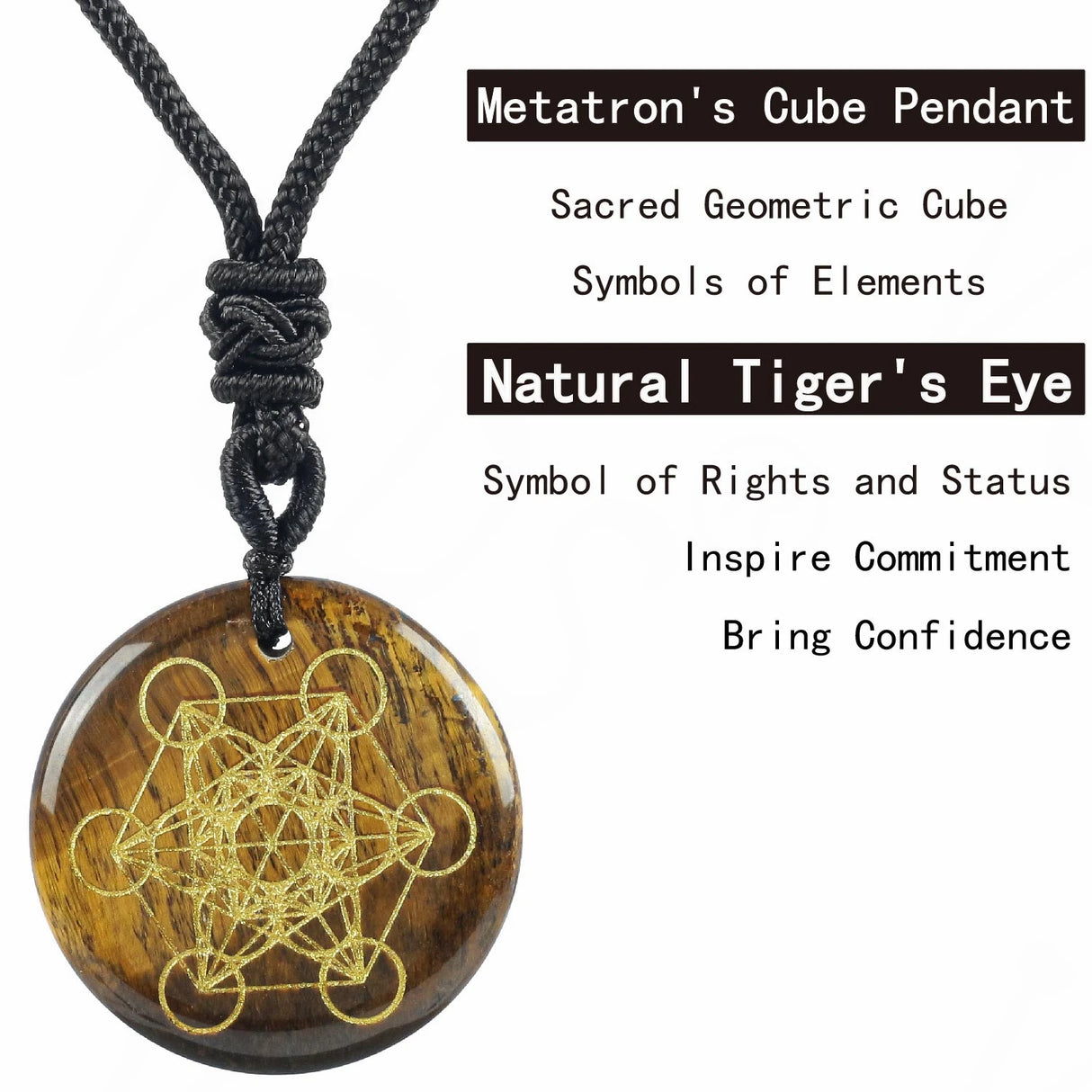 Metatron's Cube pendant on a black cord with descriptive text about its symbolism and properties.