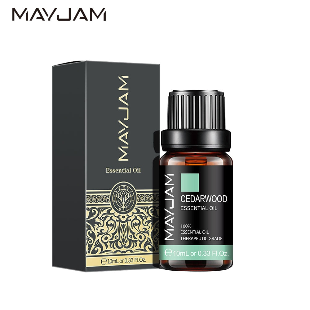 MayJam Cedarwood essential oil bottle and packaging on a white background
