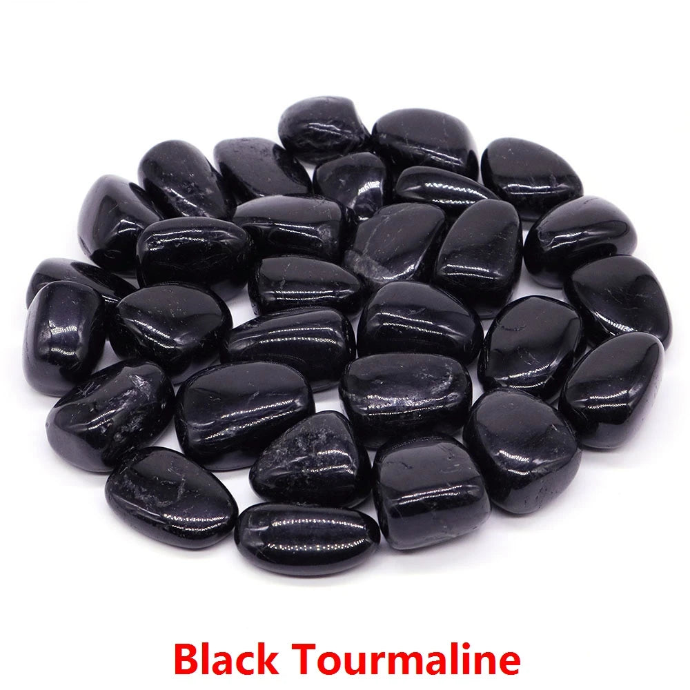 Black tourmaline stones on a white background with 'Black Tourmaline' text.