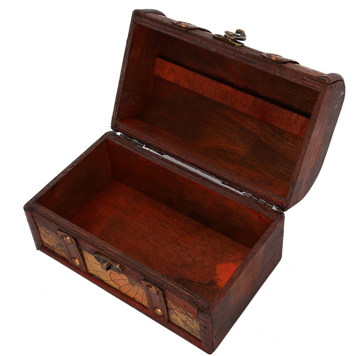 Wooden treasure chest with intricate designs on a white background