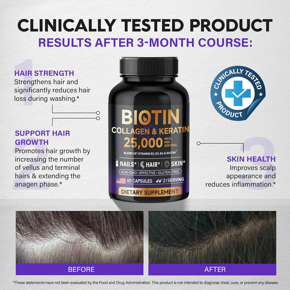 Biotin supplement bottle with clinical benefits on a gray background