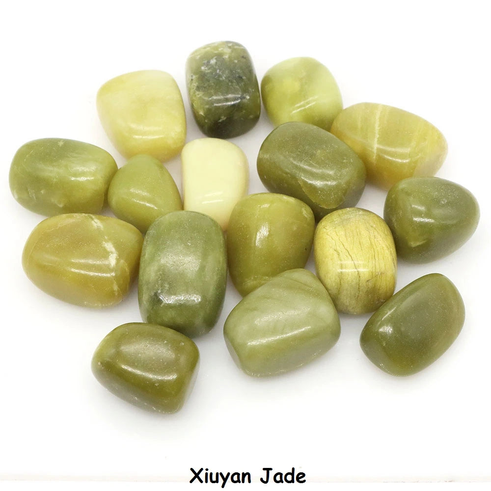 Collection of green jade stones on a white background with 'Xiuyan Jade' label.