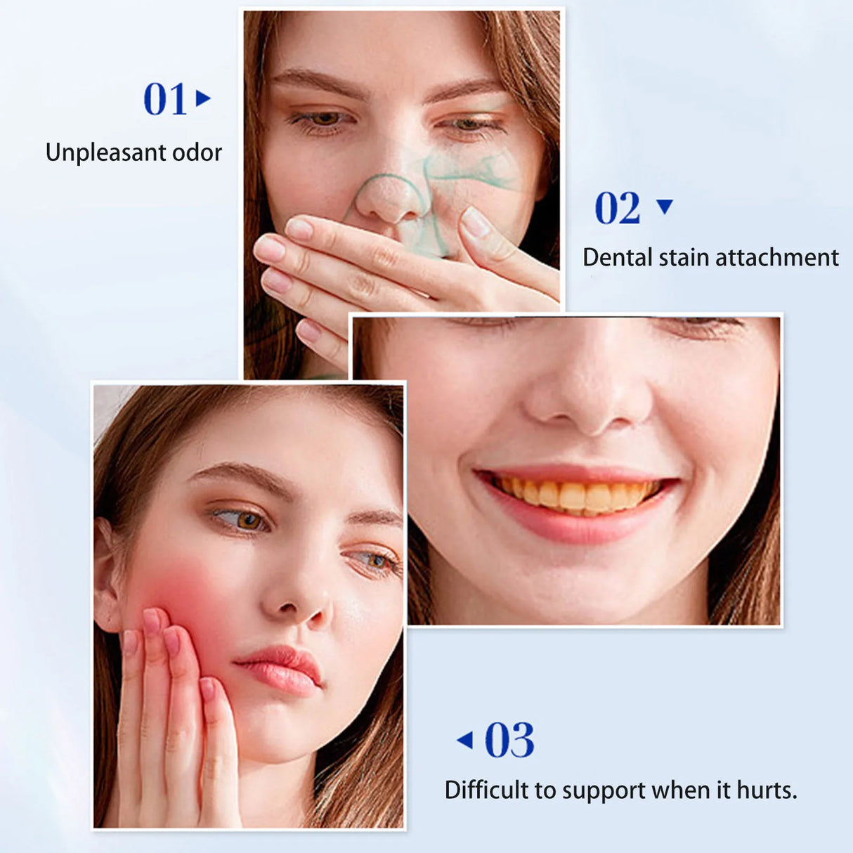 Collage of a woman with dental issues including unpleasant odor, dental stain attachment, and difficulty supporting when it hurts.