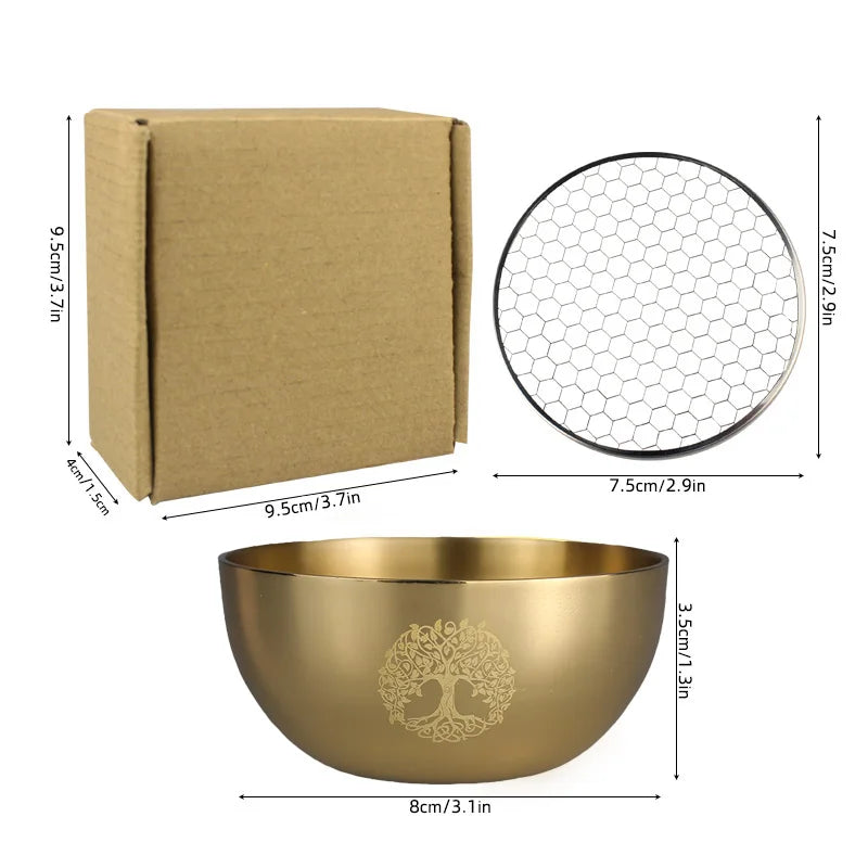 Gold bowl with tree design, dimensions, and packaging shown on a white background