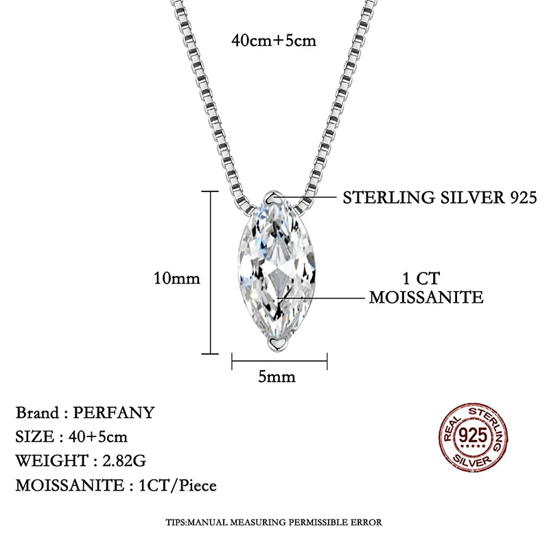 Sterling silver necklace with marquise-shaped moissanite pendant, labeled with specifications.