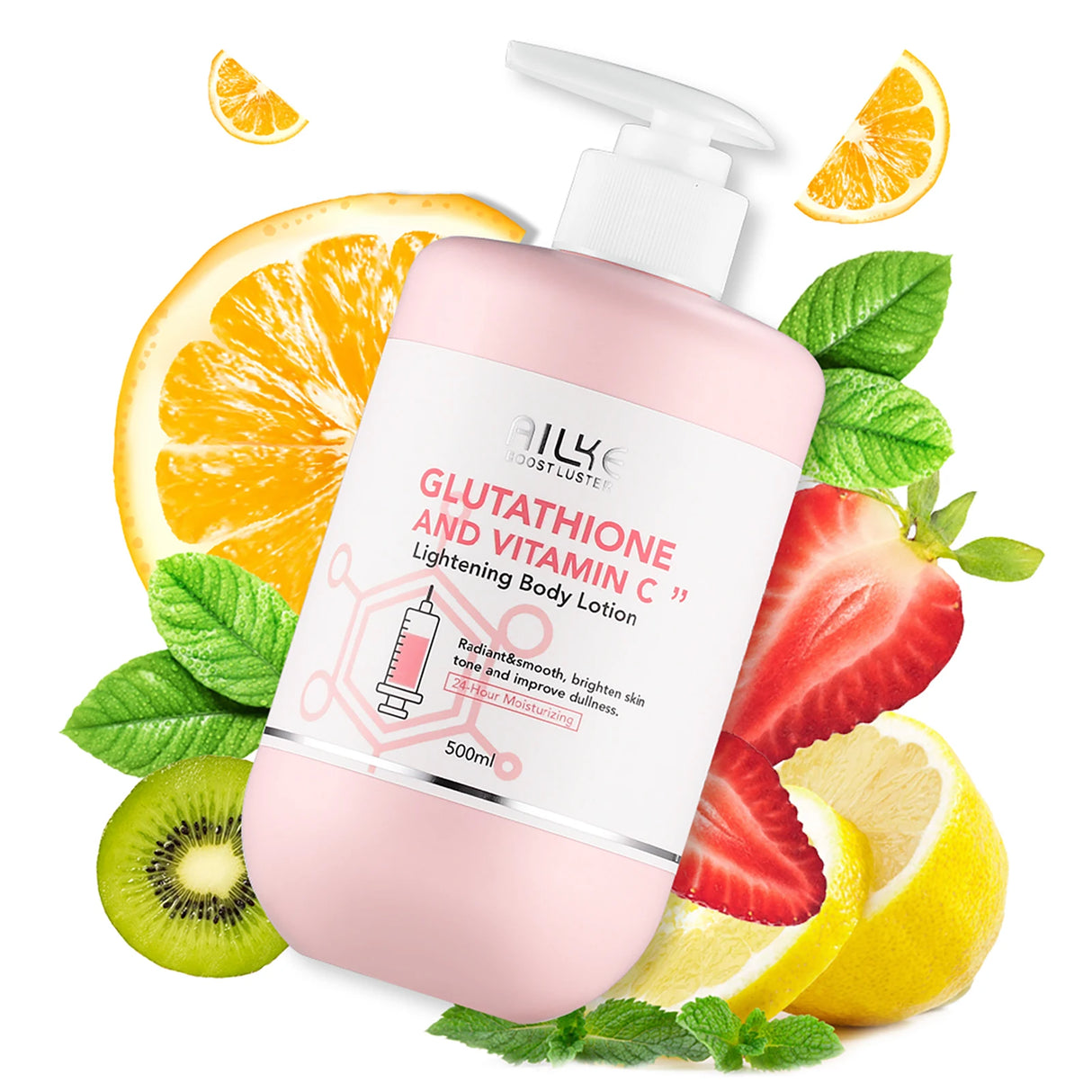 Pink bottle of skincare lotion with fruit slices and leaves on a white background