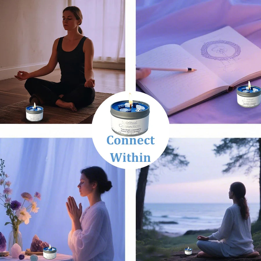 Collage of people meditating with 'Connect Within' candles and a book.