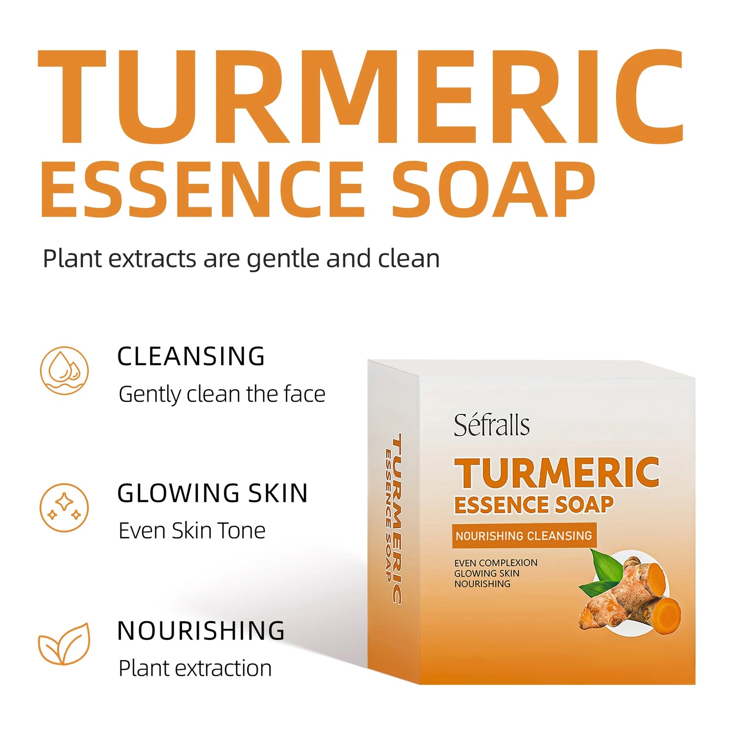 Turmeric Essence Soap packaging with product features on a white background