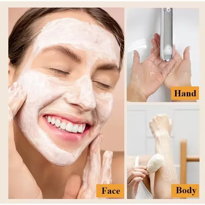 Collage of a woman applying a facial mask, hands washing, and body scrubbing with product packaging.