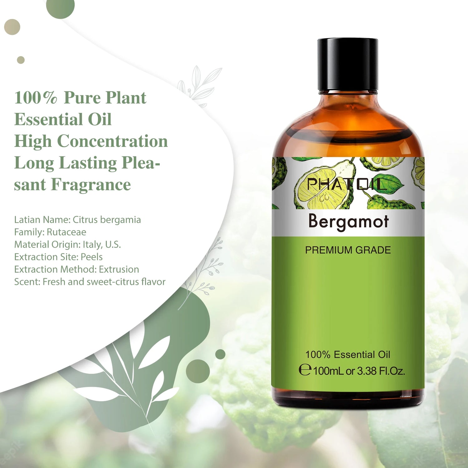 Bottle of Bergamot essential oil with label on a green and white background