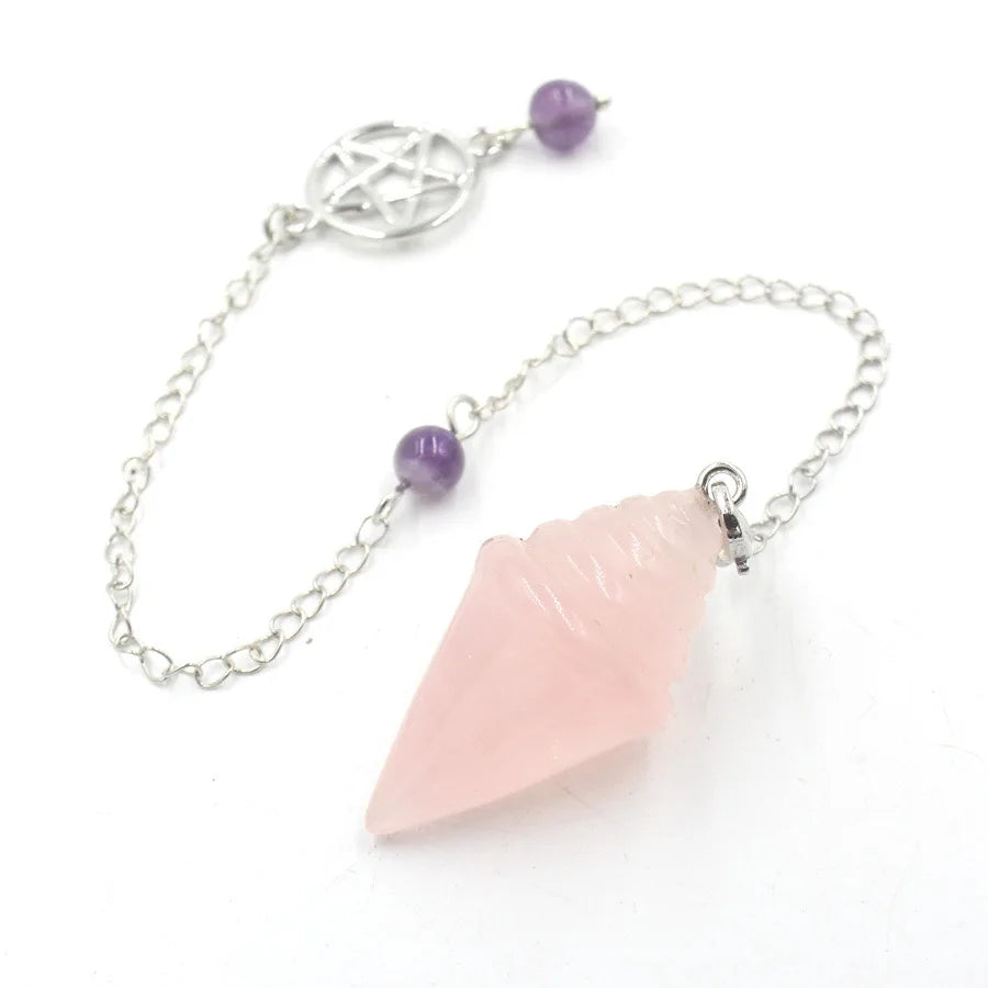 Bracelet with pink cone-shaped charm and purple beads on a white background