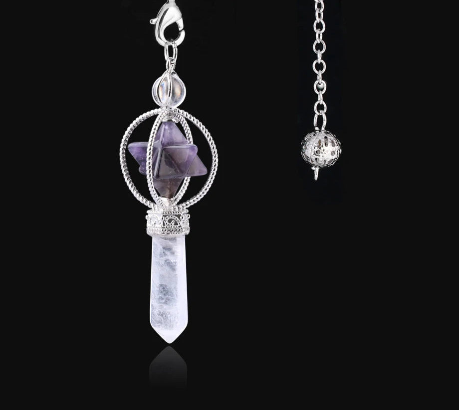 Crystal pendant necklace with purple stone on a black background