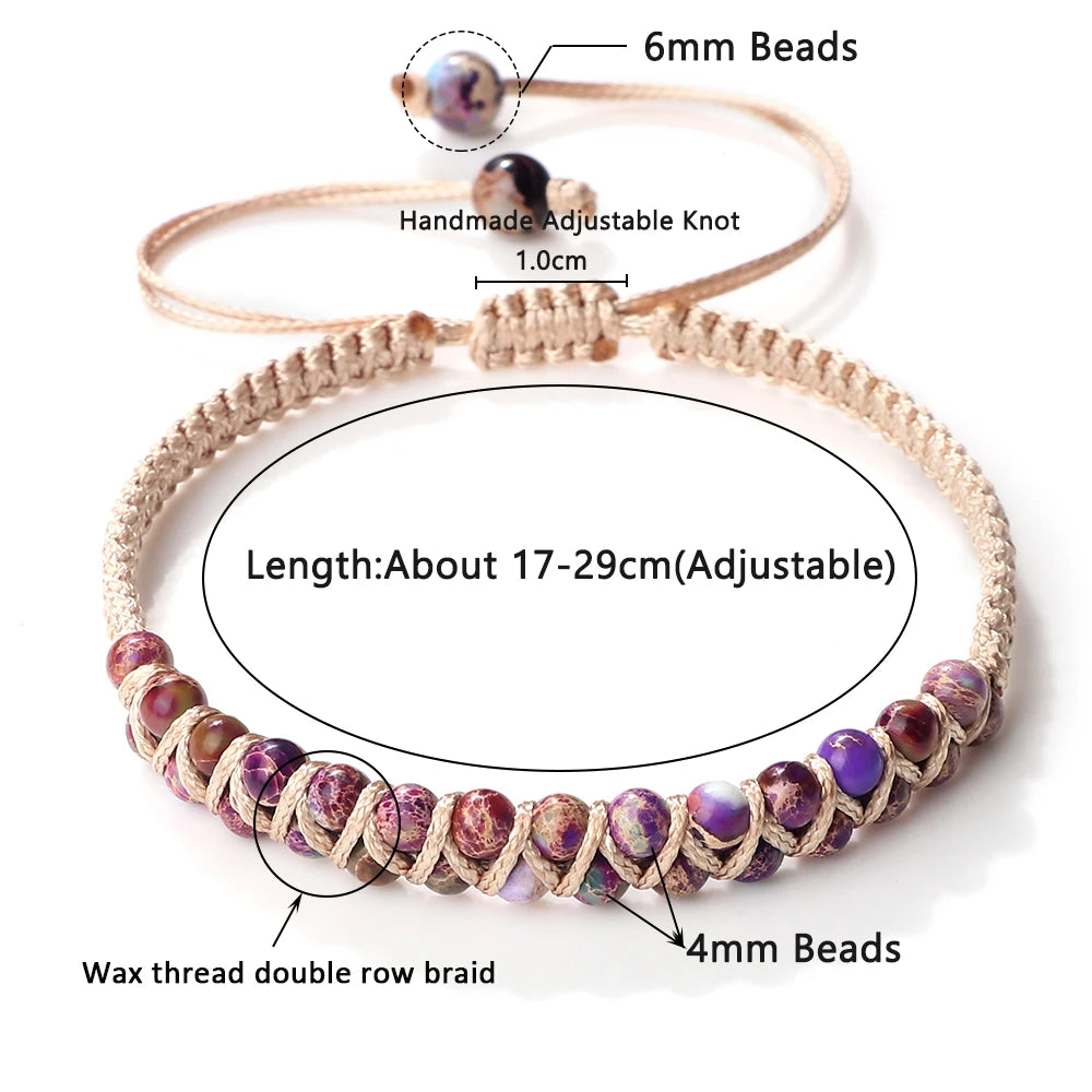 Bracelet with purple beads and gold braided design, labeled with measurements and features.