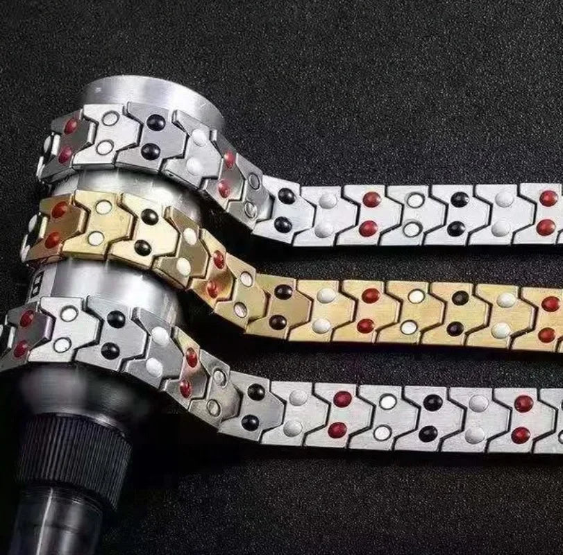 Metallic bracelets with a geometric pattern on a black background