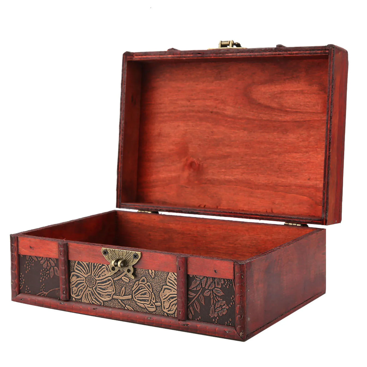 Wooden jewelry box with floral patterns on a white background