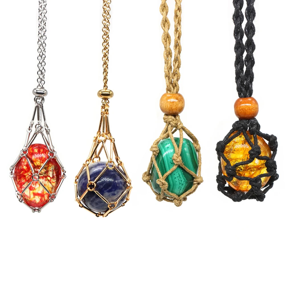 Four stone pendants on different types of chains against a white background