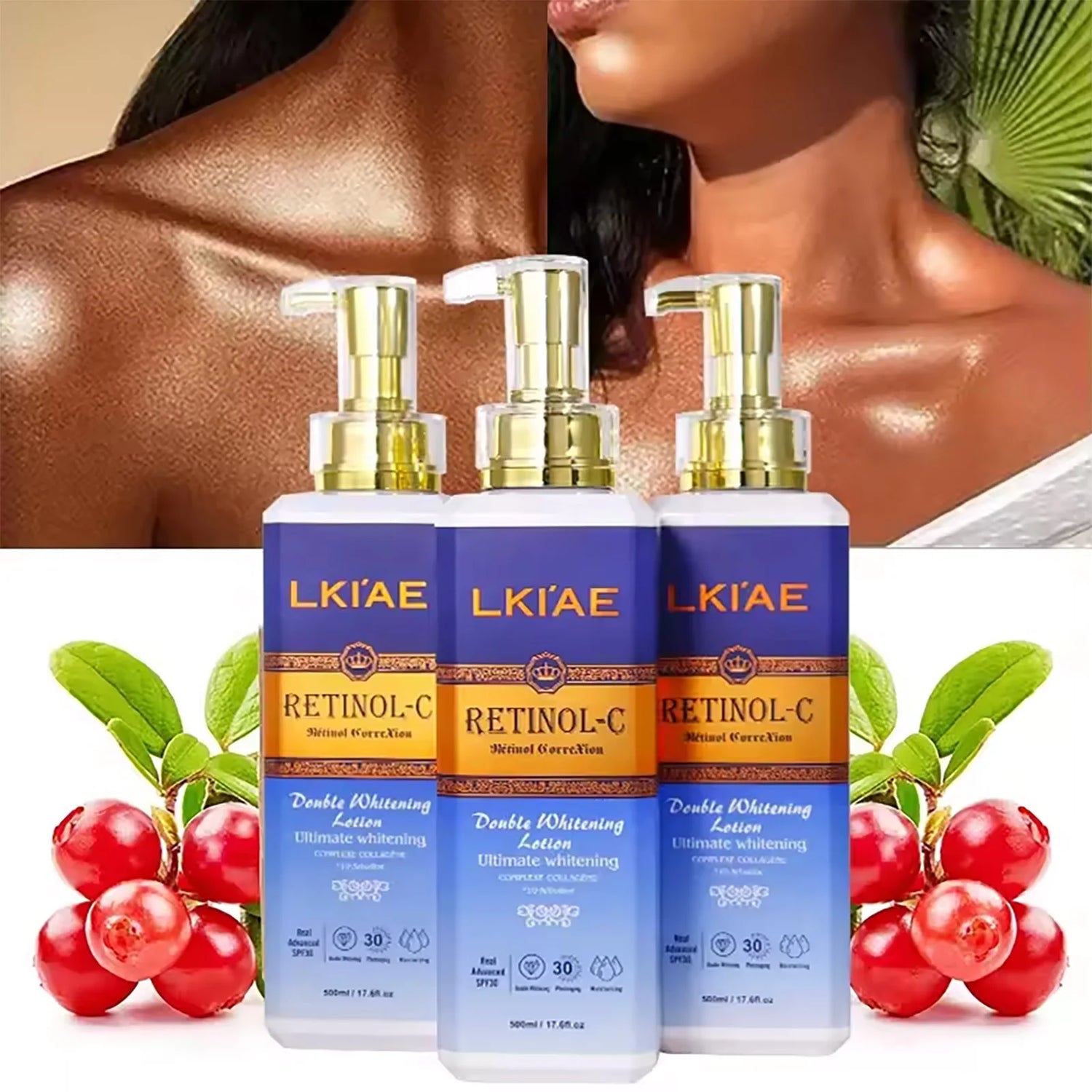 Three bottles of LKIAE Retinol-C Whitening Lotion with a blurred background of a person and berries.