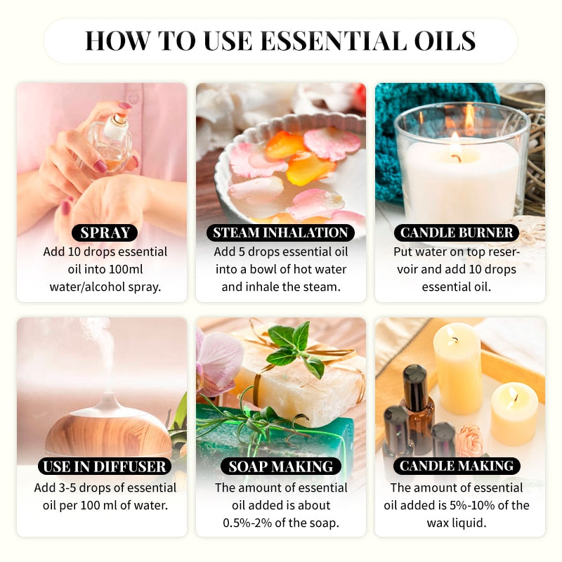 Instructions on how to use essential oils with various methods and examples.