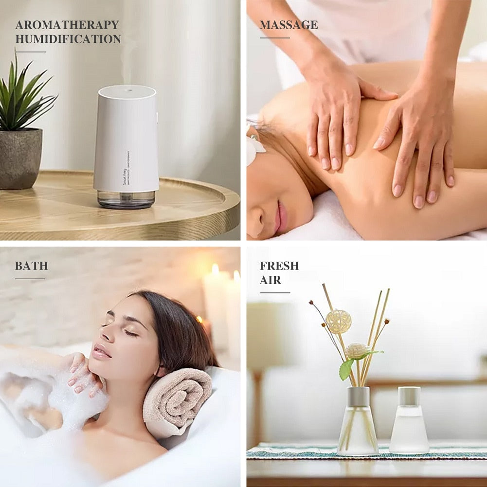 Collage of four images showing aromatherapy, massage, bath, and fresh air with corresponding products.