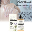 Viareline body wash gel with packaging and plant essential oil label on a blurred shower background.