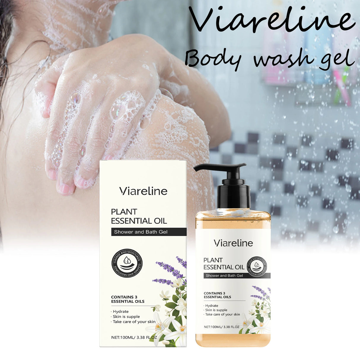 Viareline body wash gel with packaging and plant essential oil label on a blurred shower background.