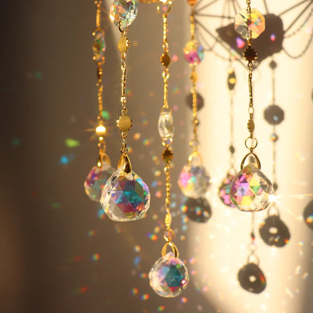 Decorative hanging with colorful beads and crystals on a blurred background