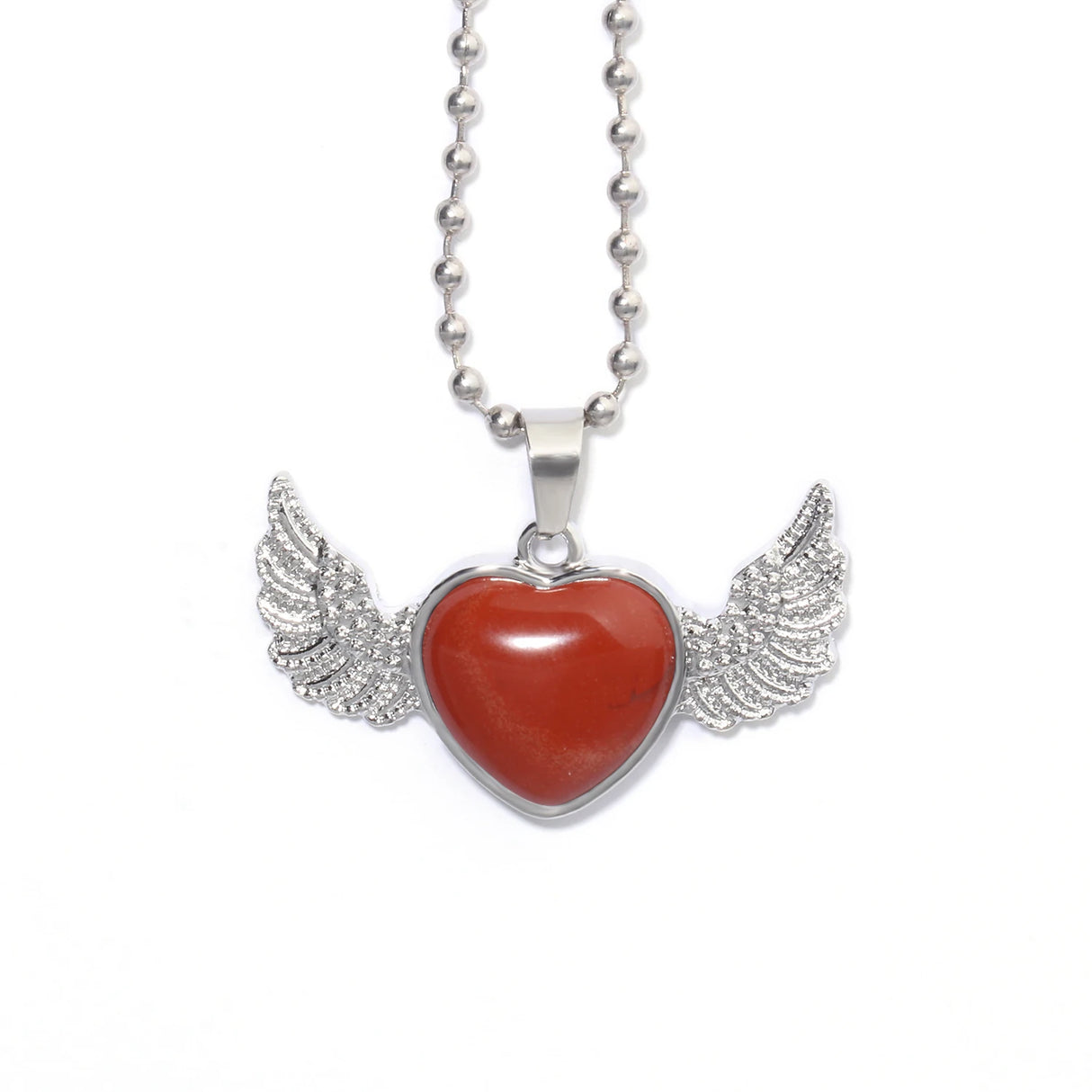 Necklace with a red heart pendant and silver wings on a white background