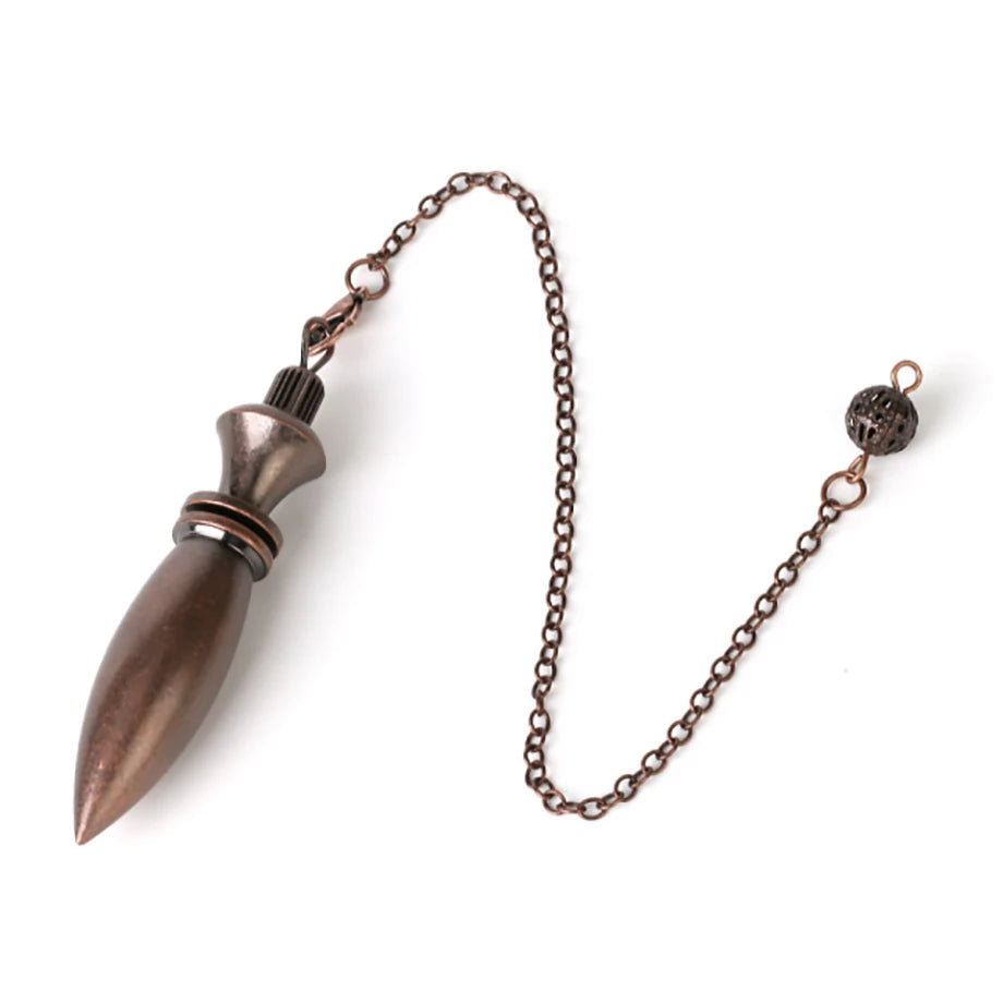 Bronze-colored decorative object with chain on a white background