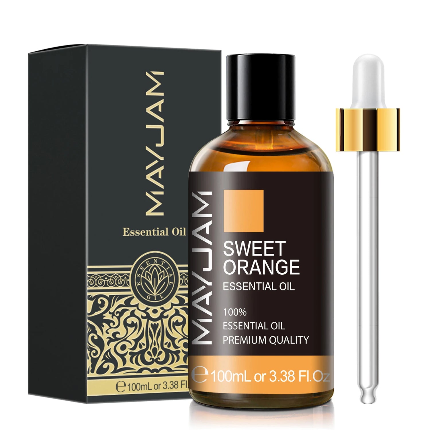 MayJam Sweet Orange essential oil bottle with dropper and packaging on a white background