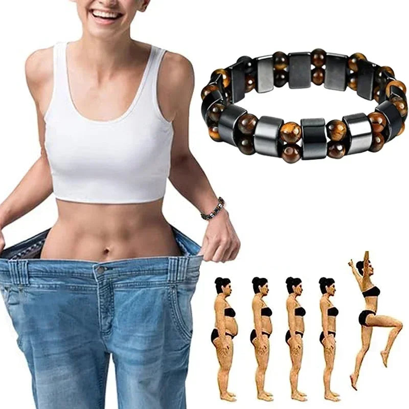 Woman showing off weight loss with loose jeans, bracelet, and before-and-after fitness illustrations.
