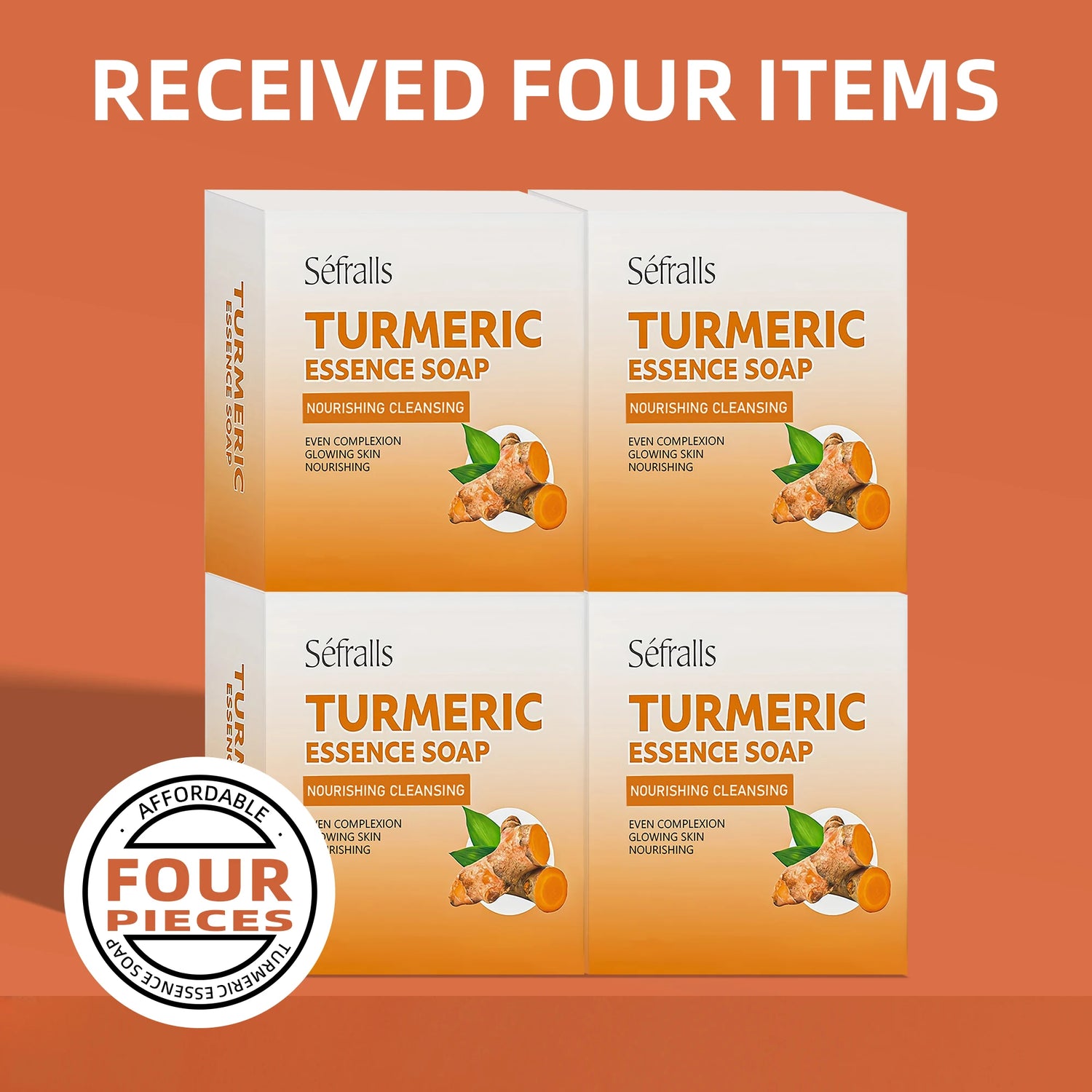 Four boxes of Séfralls Turmeric Essence Soap on an orange background with text indicating 'Received Four Items'.