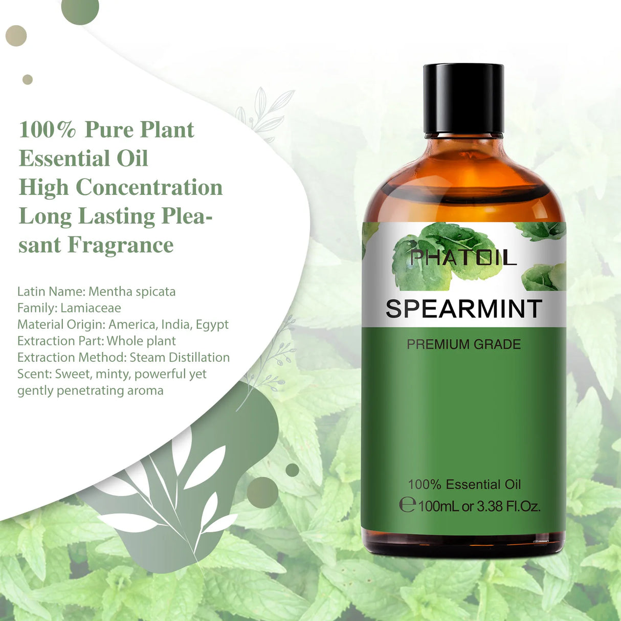 Spearmint essential oil bottle with green and white label on a leafy background