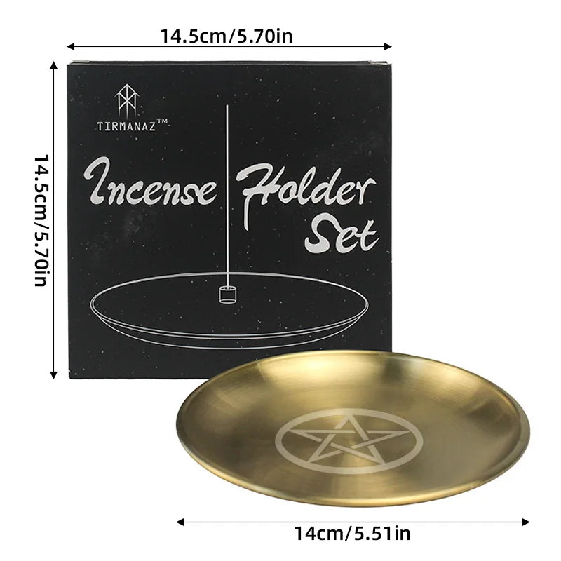 Gold pentagram incense holder with dimensions and TIRMANAZ branding