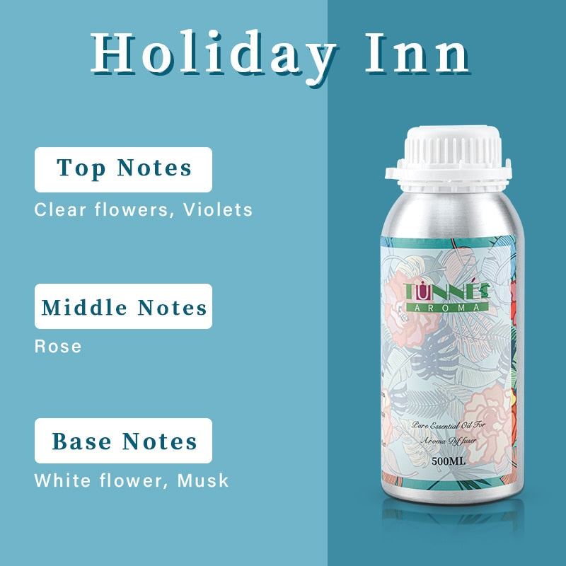 Bottle of TUNNÉ AROMA essential oil with notes description on a blue background