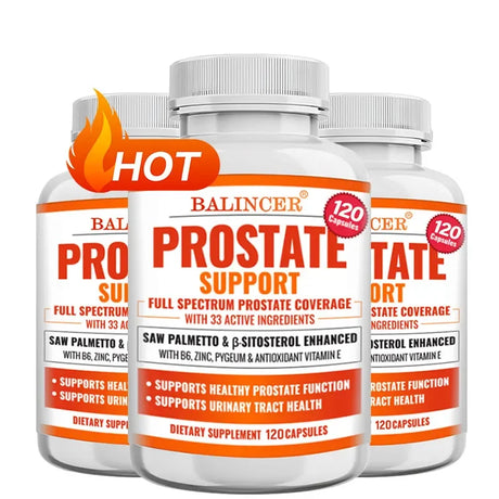 Three bottles of Balincer Prostate Support supplement with a 'HOT' label on a white background.