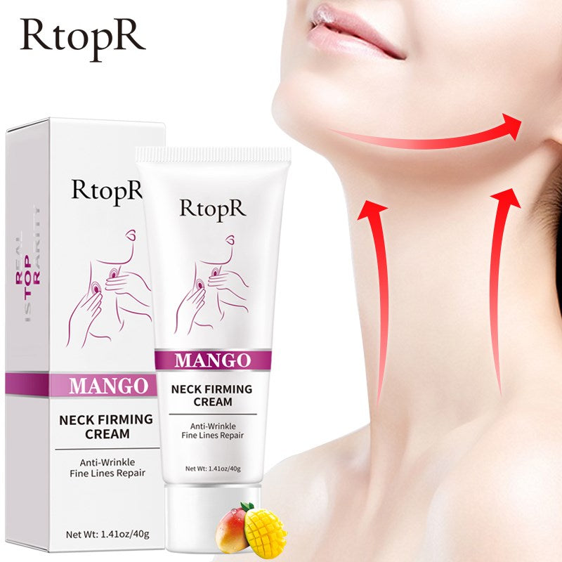 RtopR Mango Neck Firming Cream packaging with a close-up of a neck showing cream application.
