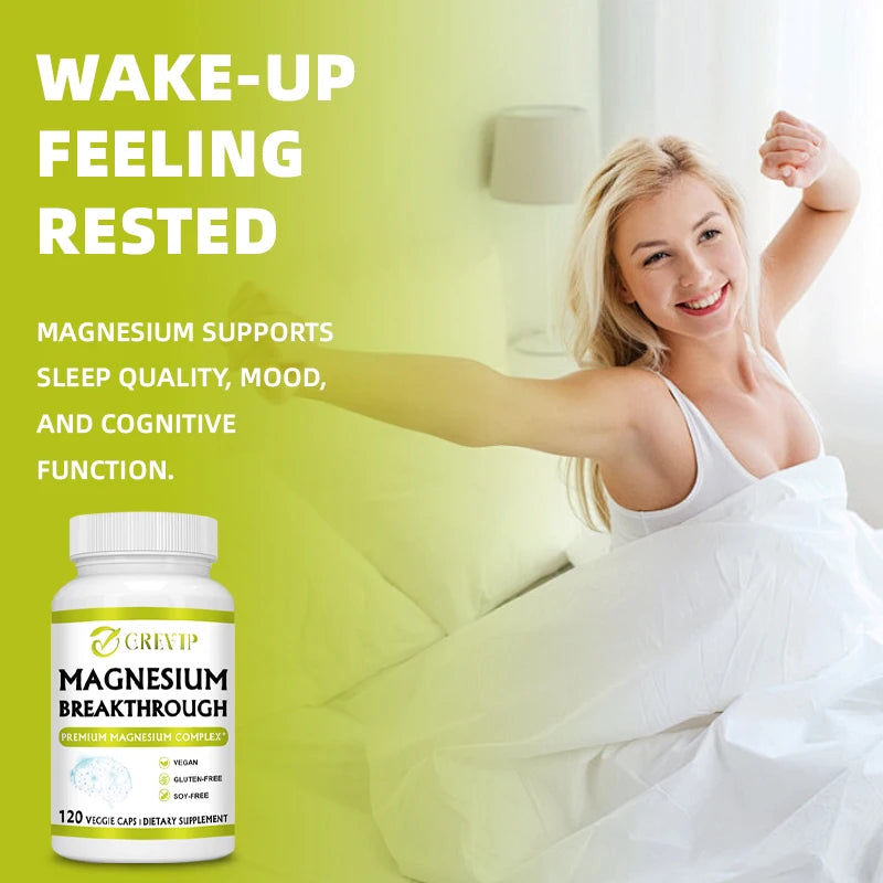 Woman stretching in bed with a bottle of magnesium supplement labeled 'Magnesium Breakthrough' on a bright background.
