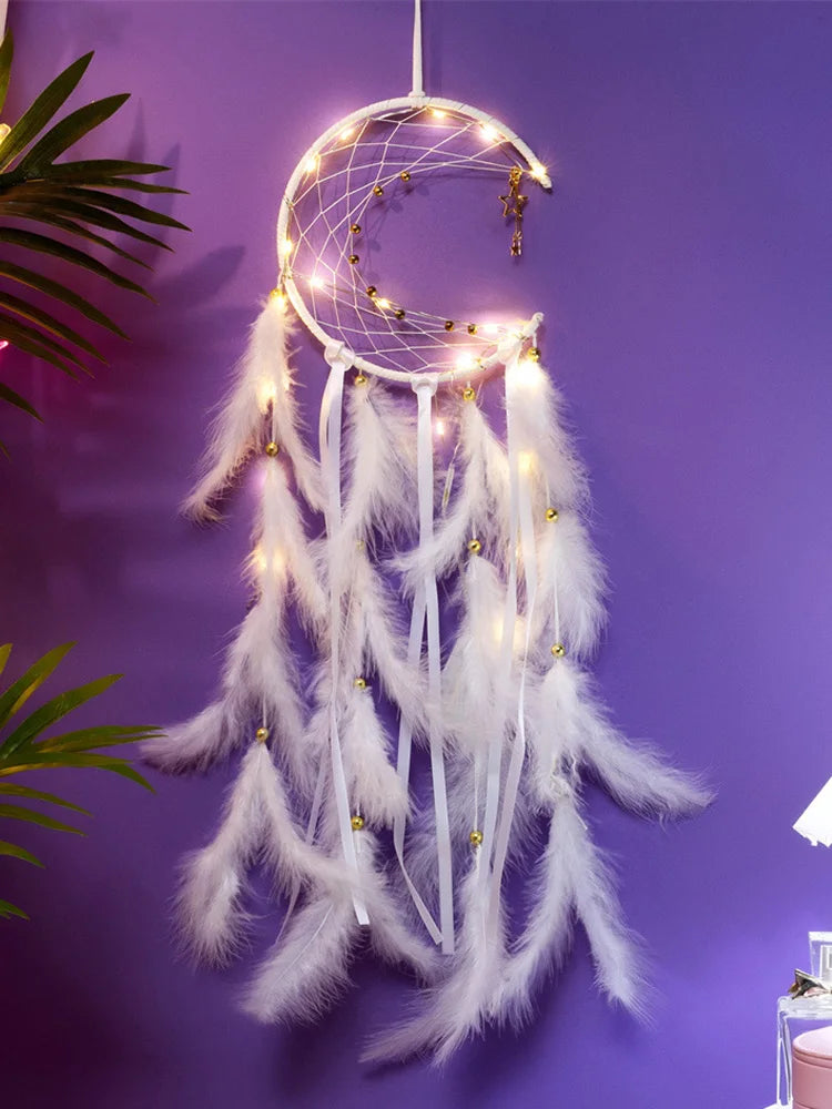 Decorative dreamcatcher with feathers and lights on a purple background