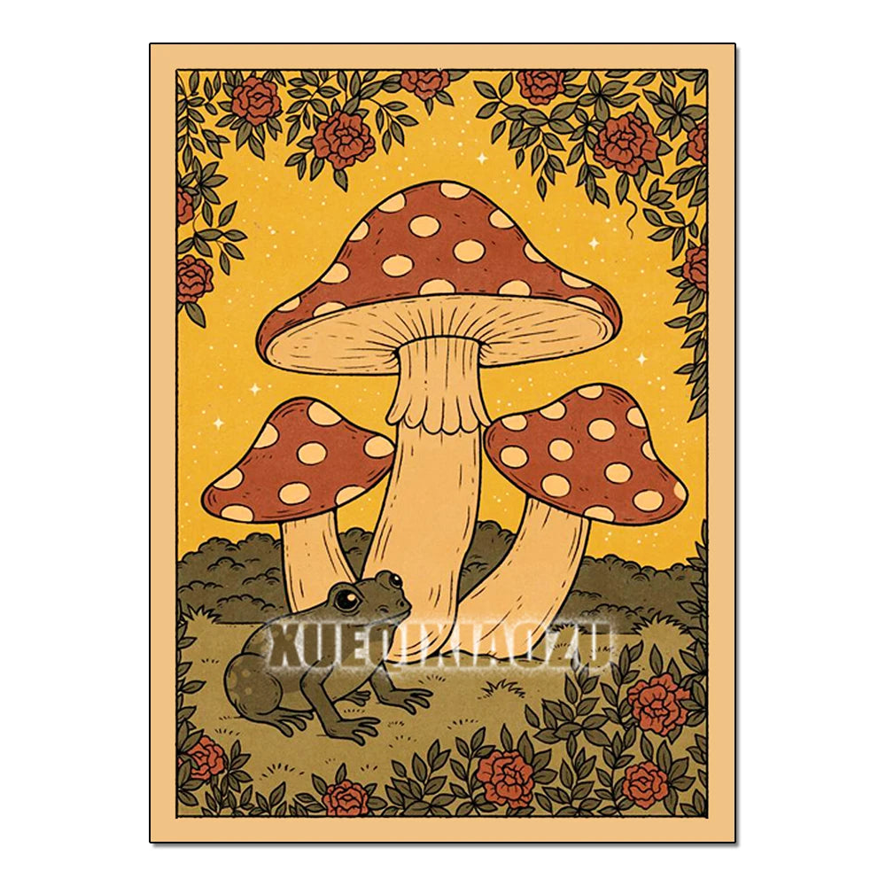 Illustration of mushrooms with polka dot caps on a yellow background with floral elements.