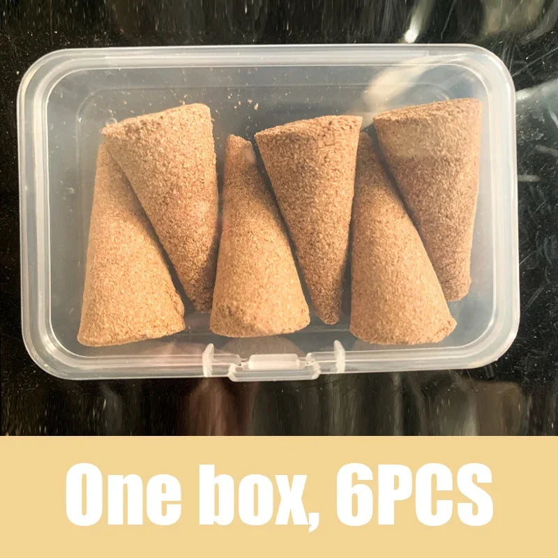 Six cork cones in a clear plastic container on a black surface with text 'One box, 6PCS'.