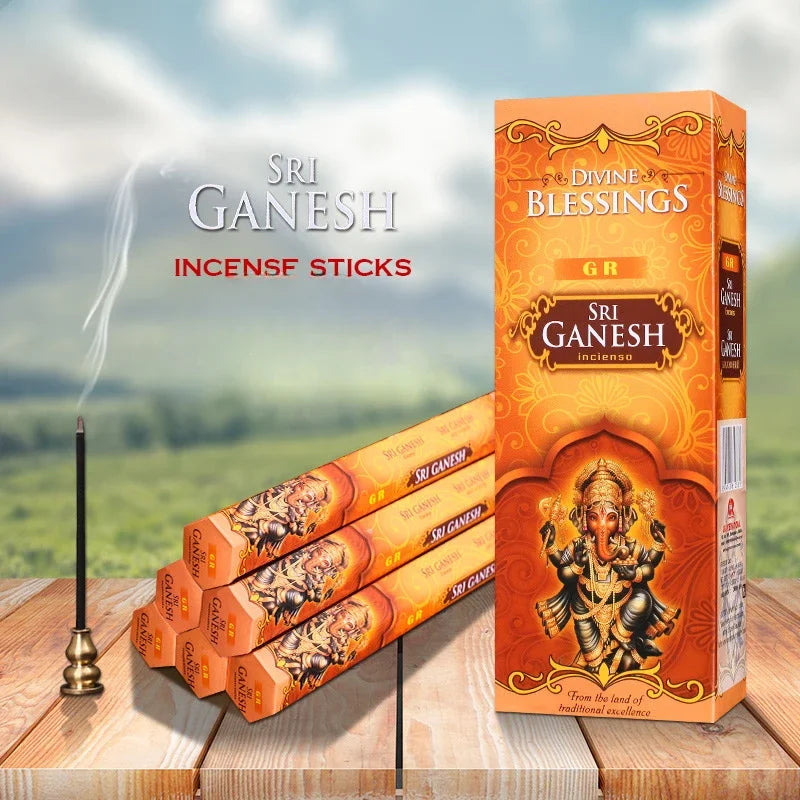 Sri Ganesh incense sticks with packaging on a wooden surface and scenic background