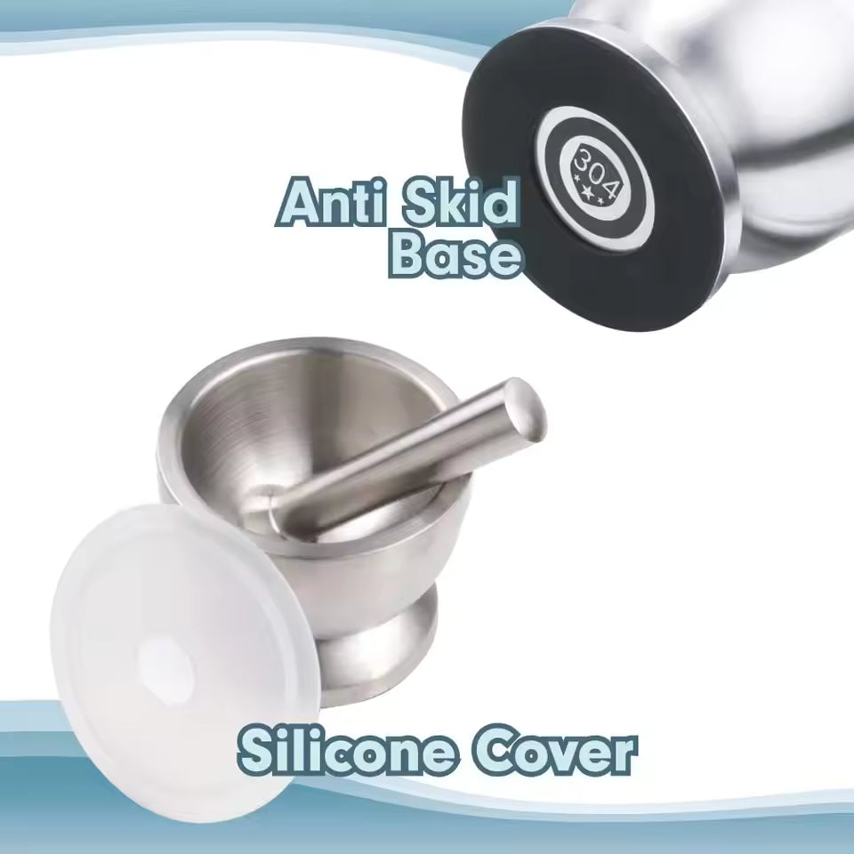 Metal pestle and mortar with anti-skid base and silicone cover on a light blue background