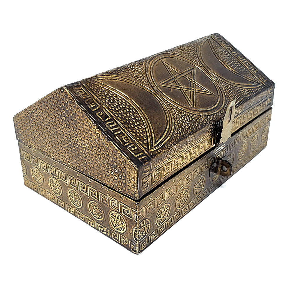 Triple Moon Pentagram Carved Metal over Wood Box