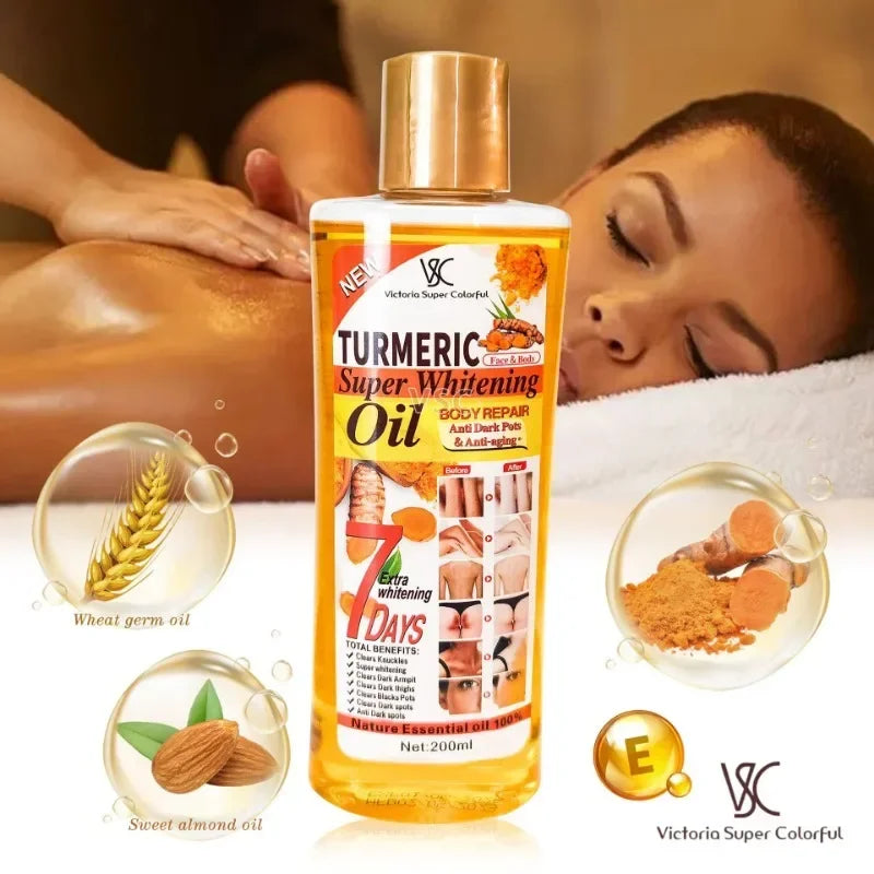 Turmeric super whitening oil bottle with a blurred background of a person receiving a massage.