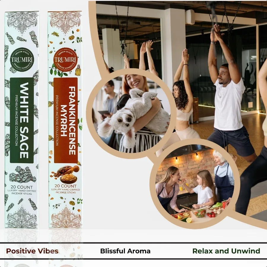 Two boxes of Trumiri incense sticks with lifestyle images and product benefits text.