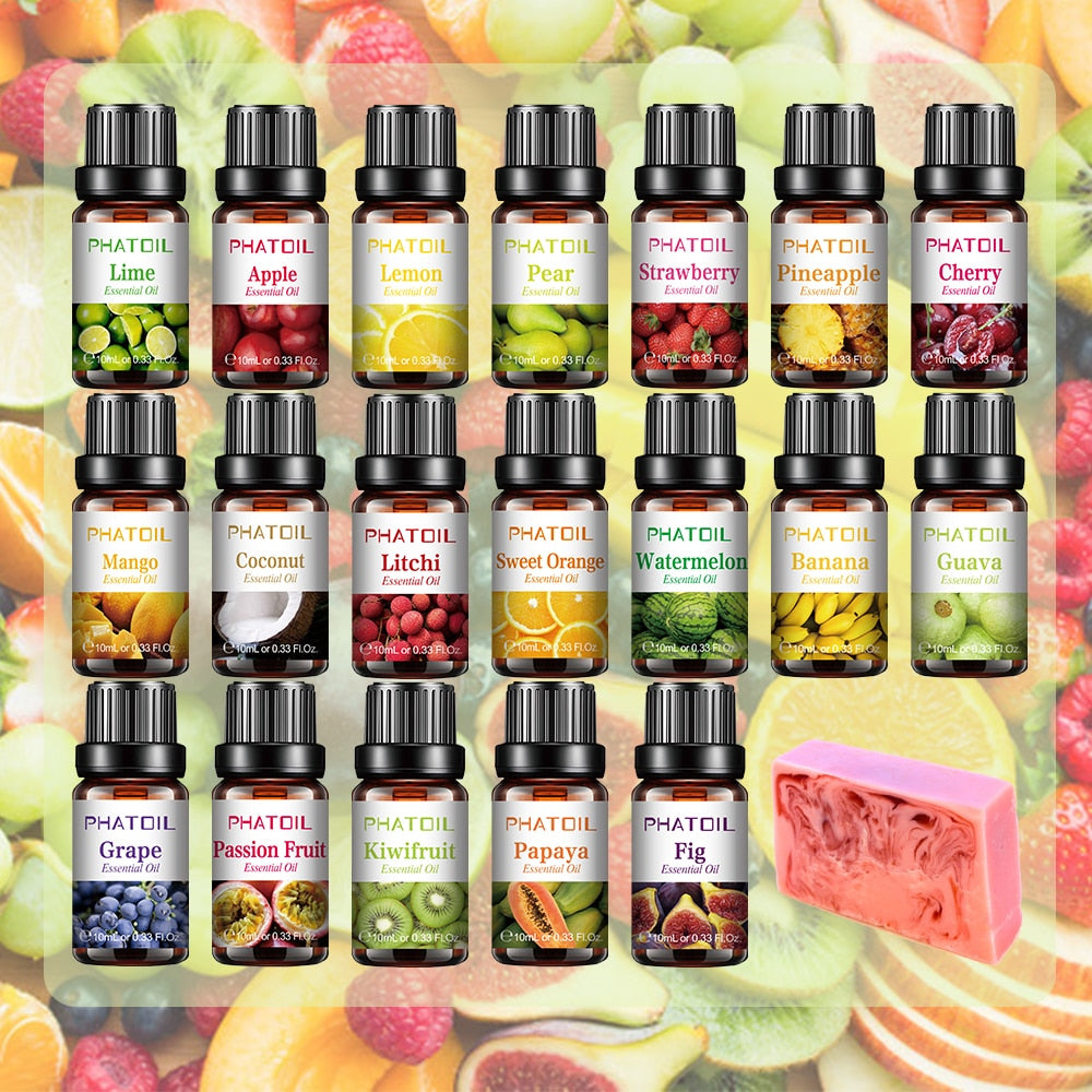 Collection of PhatOil essential oil bottles with fruit-themed labels on a colorful fruit background.