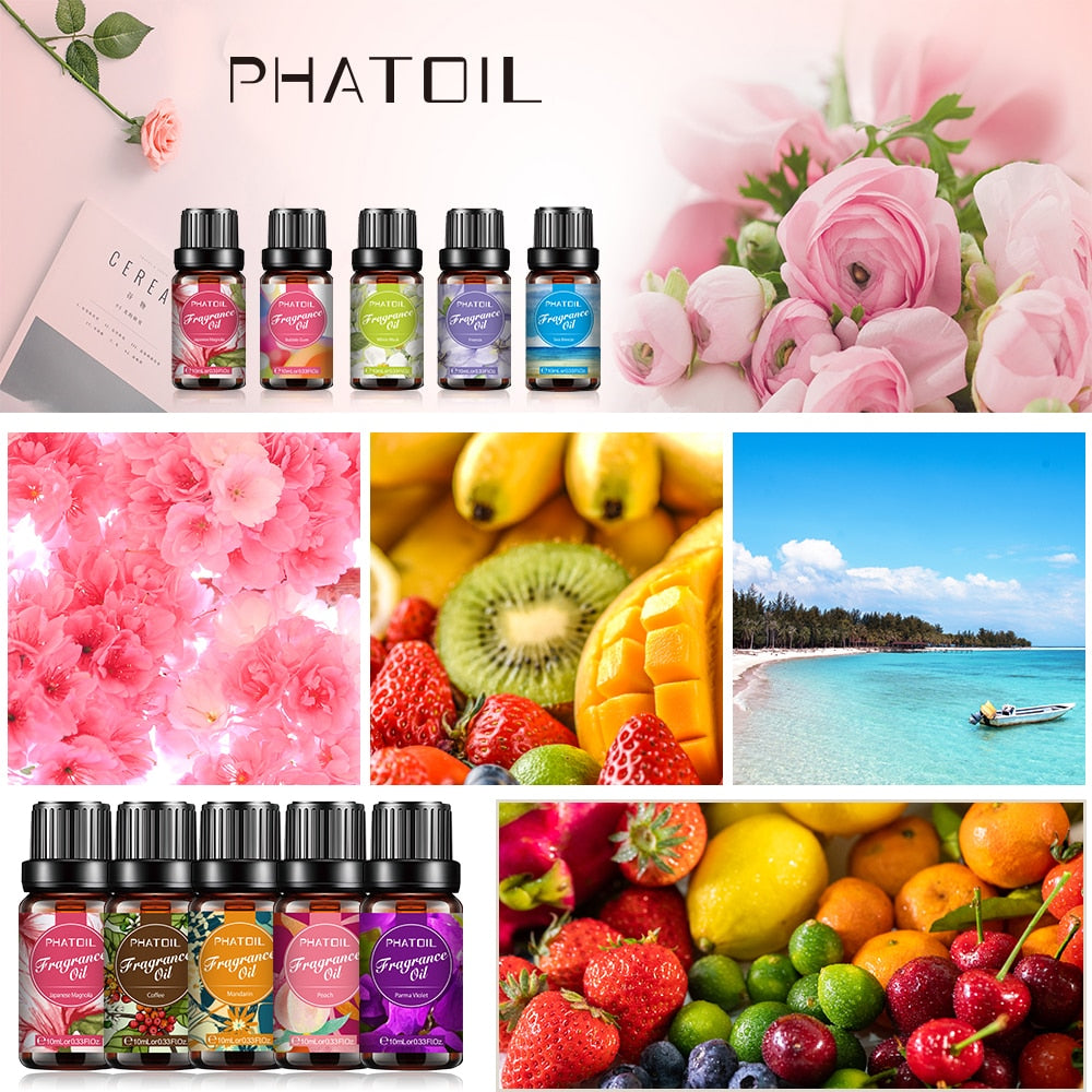 Collage of PHATOIL product bottles, flowers, fruits, and a beach scene.